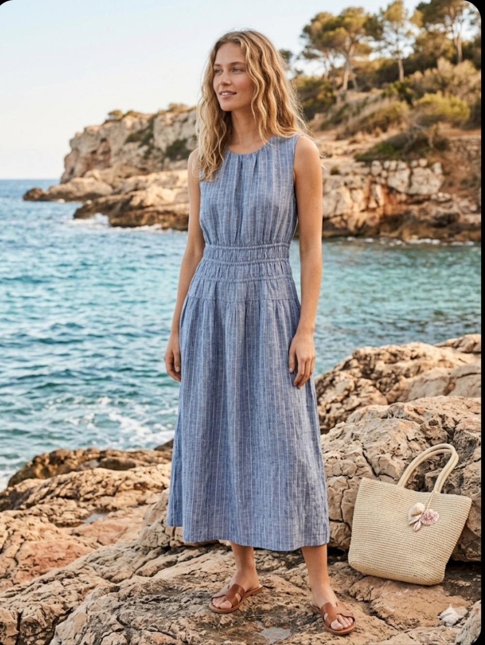 J.Crew Hyacinth Linen Midi Dress in Blue White Stripe  Size Large